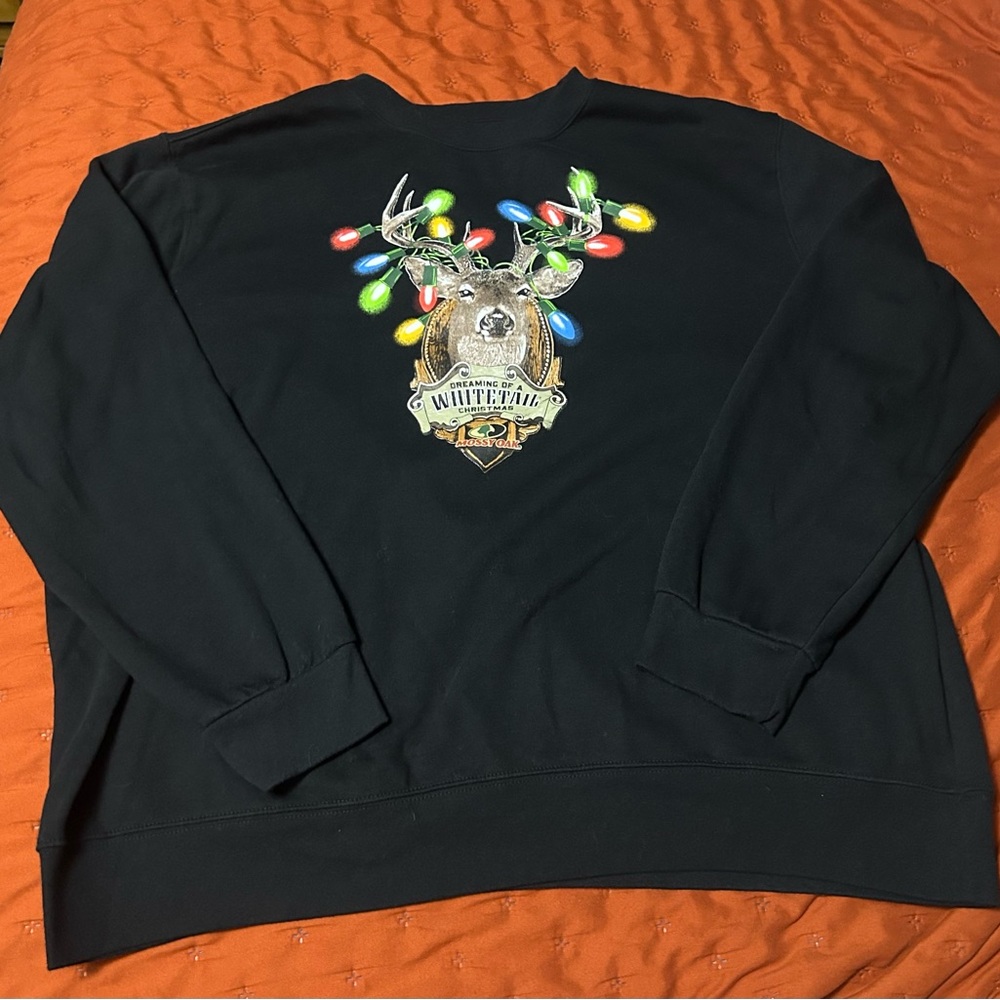 Men's Black Mossy Oak Holiday Deer Graphic Crewneck Sweater 2XL